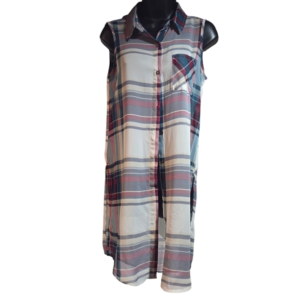 Jolt Juniors Sleeveless Plaid And Lace Lightweight Button-Up Tunic Size S - Picture 1 of 7